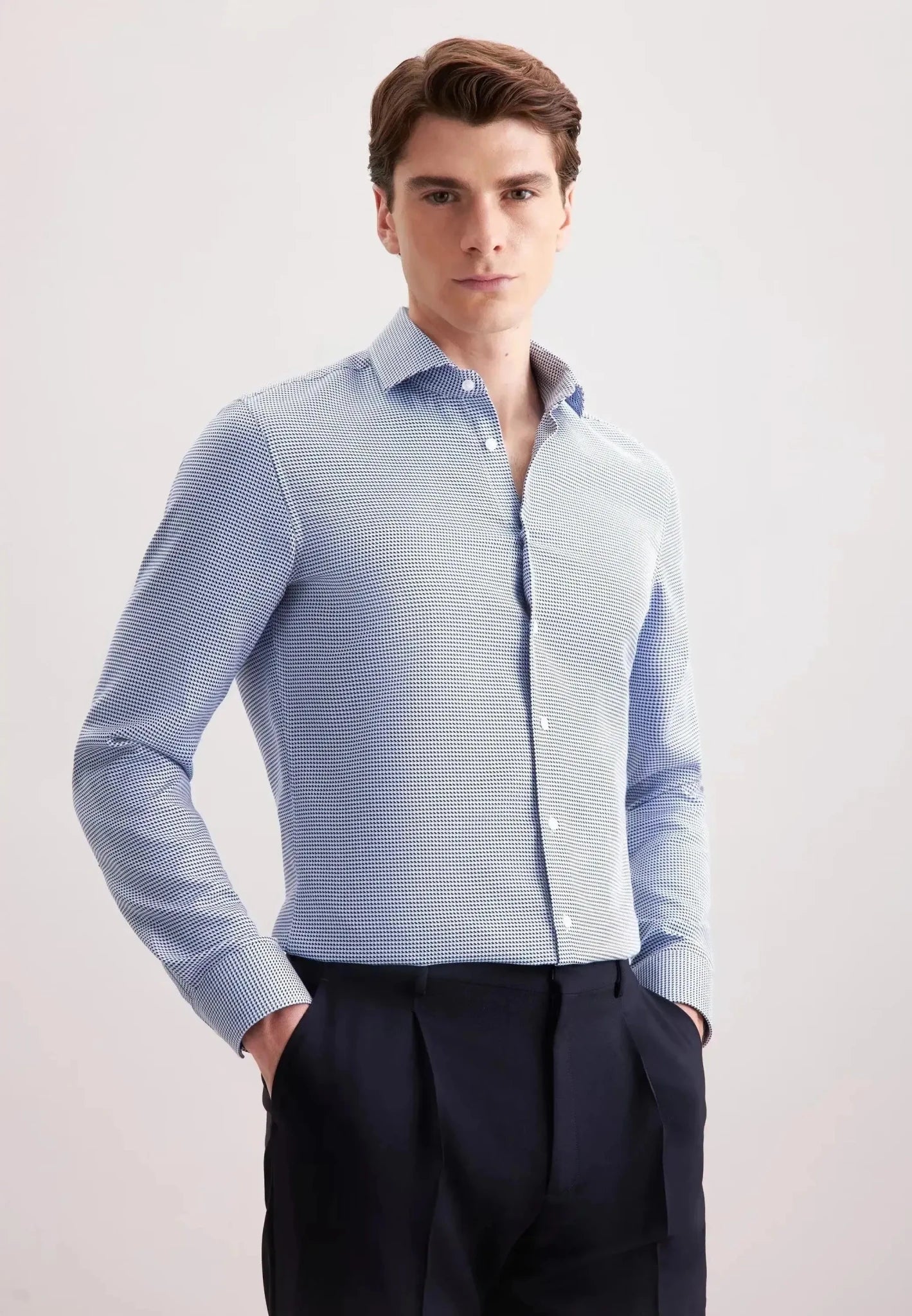 Seidensticker Slim Fit No Iron Spread Kent Pepita Business Shirt Mid Blue - Image 7
