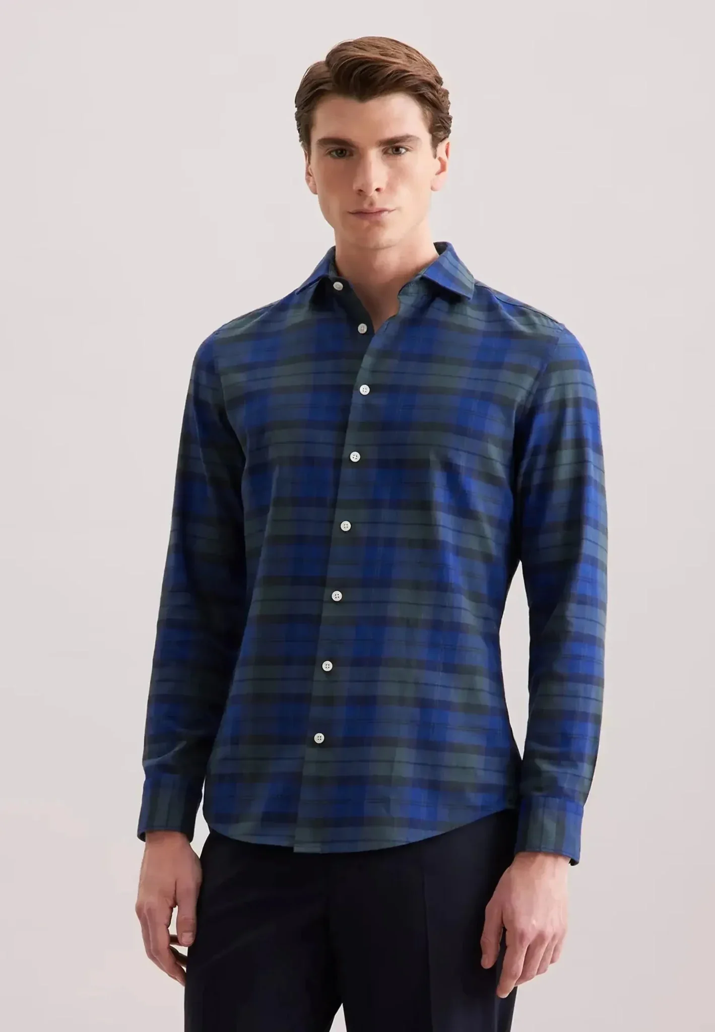 Seidensticker Slim Fit Spread Kent Check Flannel Shirt Dark Blue - Image 2